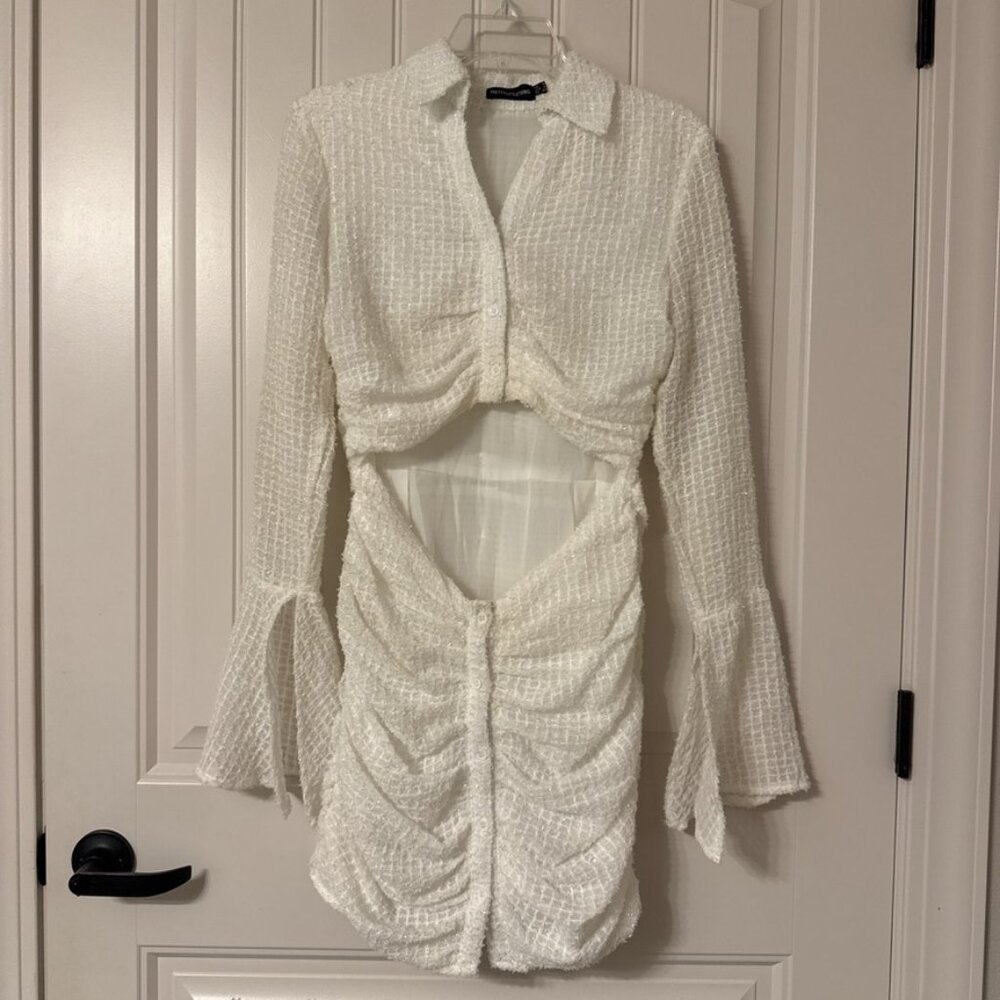 Sparkly White Mini Dress with Bell Sleeves & Ruched Detailing